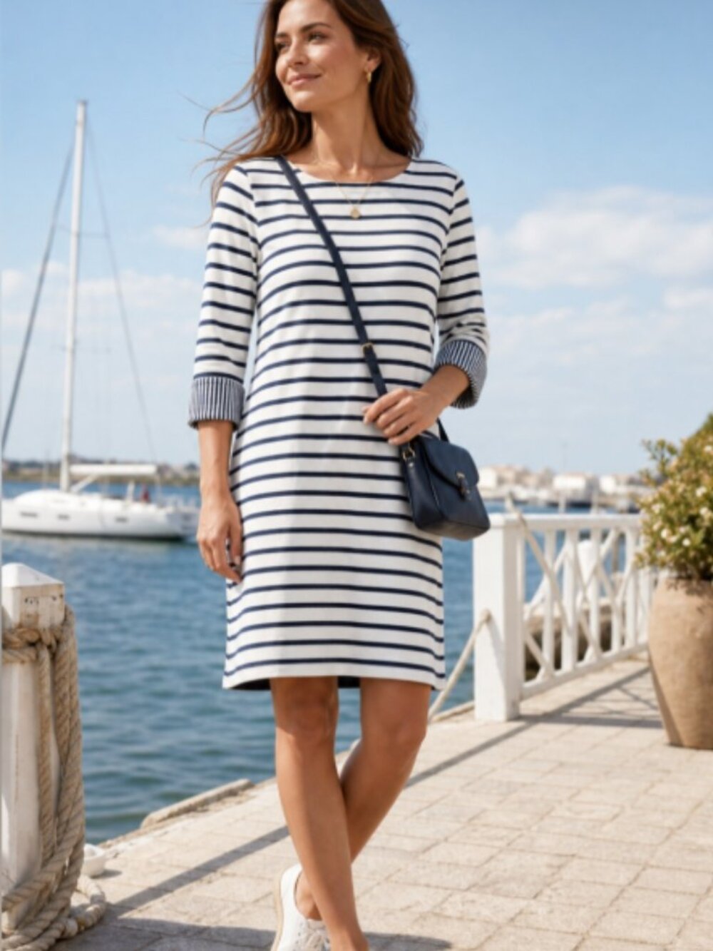Boden Dress Womens 4R Nautical Tee Shirt Flip Cuff Stripe Blue White 100% Cotton